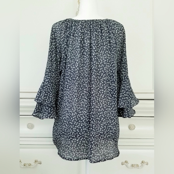 Chaps Navy Blue Floral Georgette Bell Sleeve Keyhole Peasant Blouse Large - Picture 4 of 6